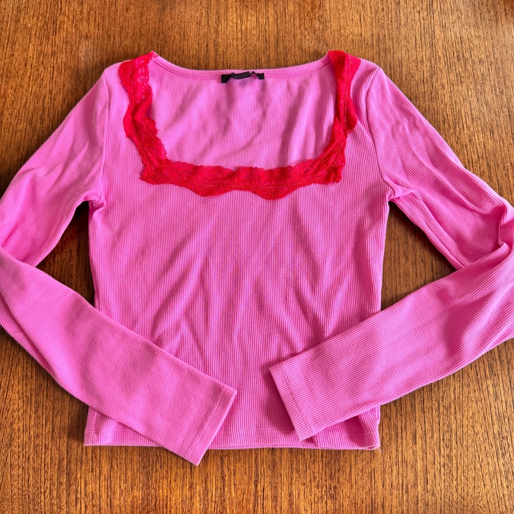 Pink and Red Lace Trim Long Sleeve Top Small
